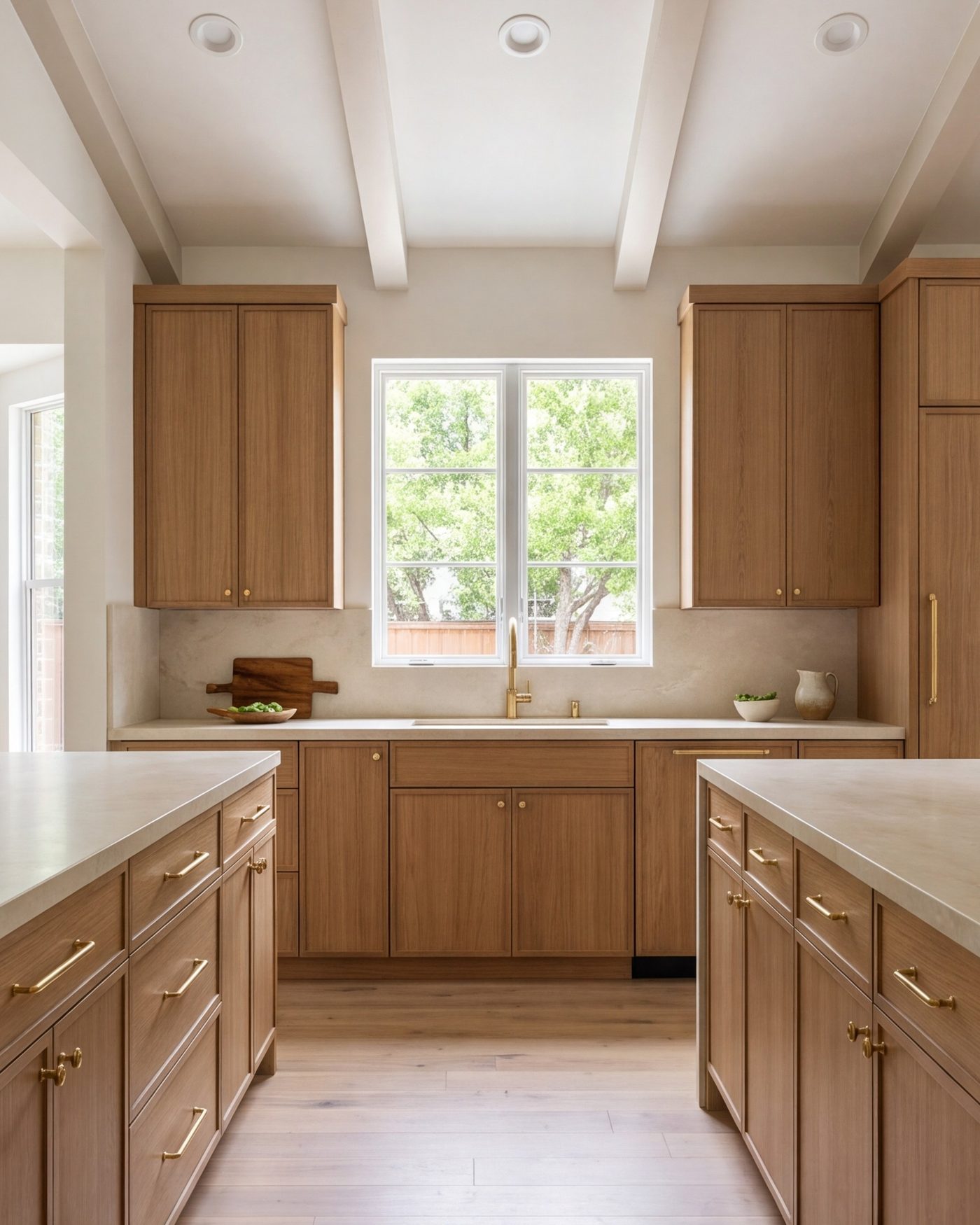 tall view of a warm finished kitchen, rift oak cabinets, cream stone, brass hardware, daylight