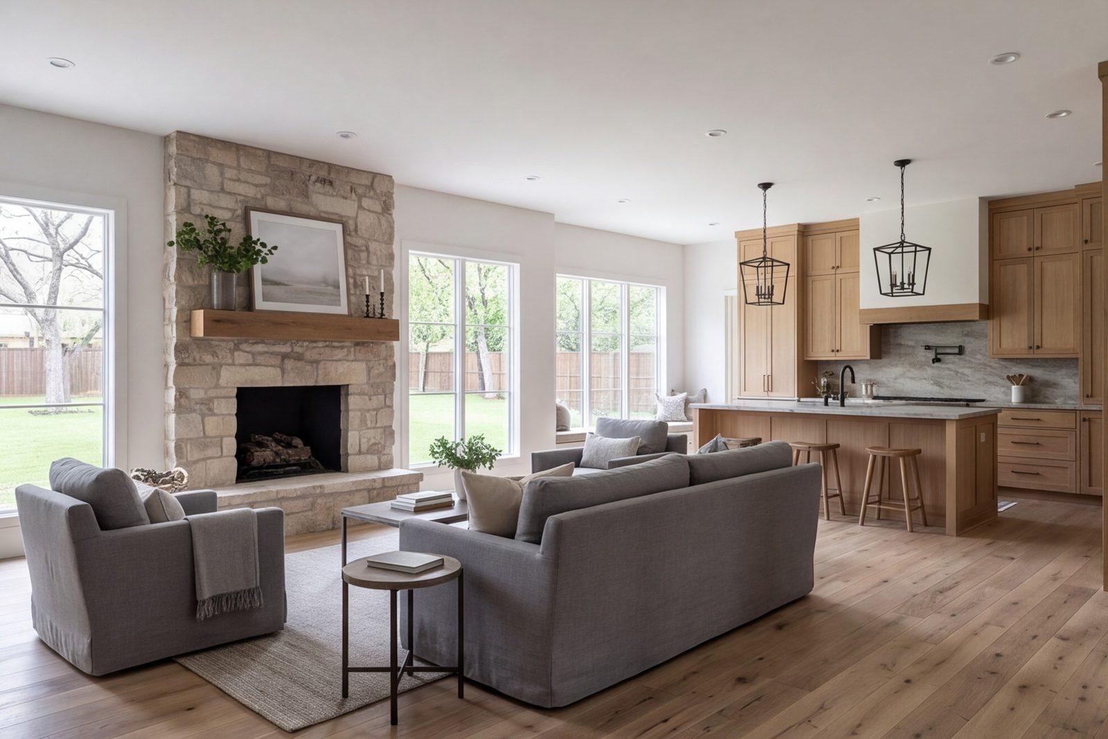 Carrollton living room and kitchen sharing one oak, stone and dark metal palette