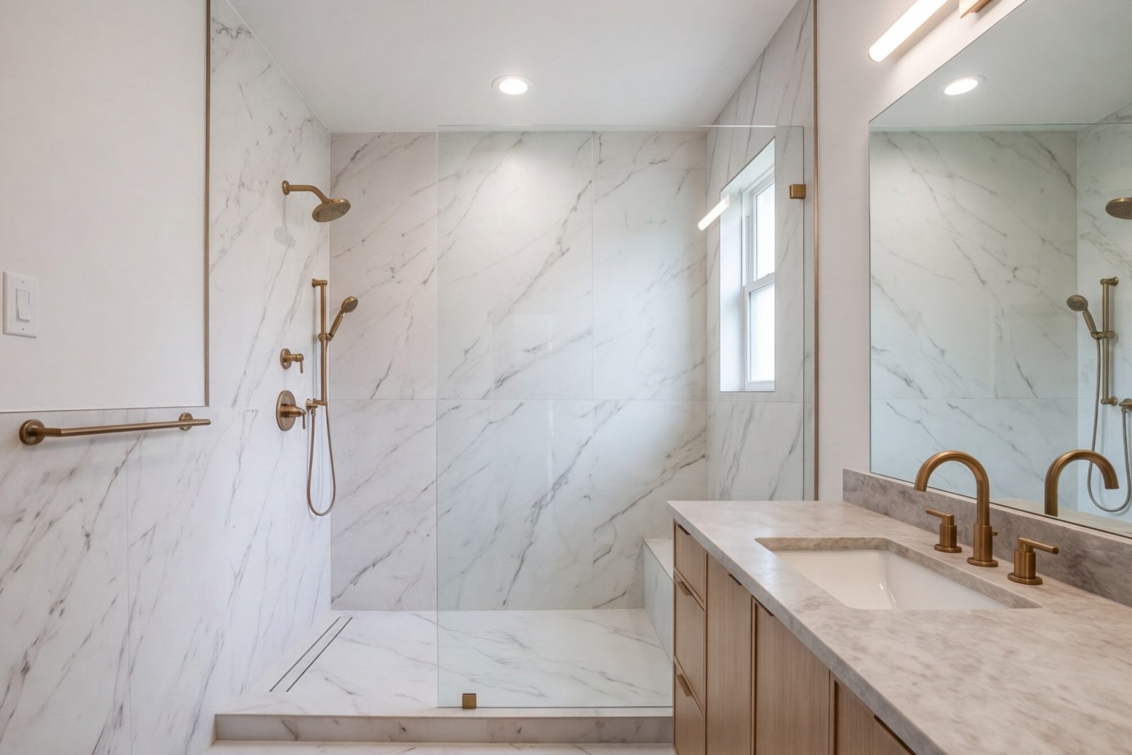 Valley View hall bath with porcelain slab walls and warm metal fixtures